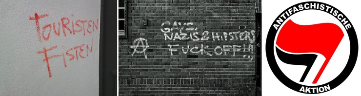 De izquierda a derecha, insulto dedicado a los turistas relacionado con el “fisting”, “Gais, nazis y modernos, ¡idos a la mierda!” y el emblema de los antifascistas.