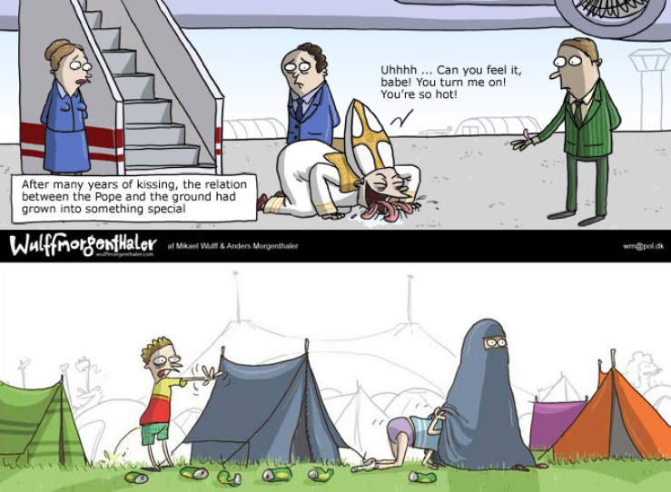 Die religiöse Satire des dänischen Karikaturistenduos wird in 'Politiken' und weiteren europäischen Tageszeitungen veröffentlicht.