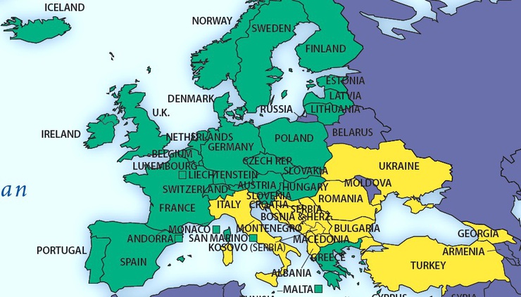 Press freedom in EU and colour Green = free, yellow = partly free, blue = not free